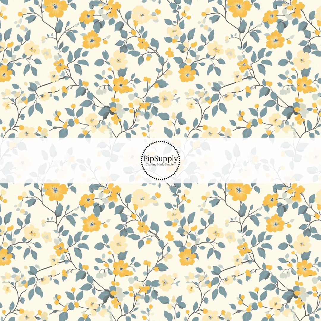 These floral fabric by the yard features tiny blue and yellow flowers and leaves. This fun pattern fabric can be used for all your sewing and crafting needs!