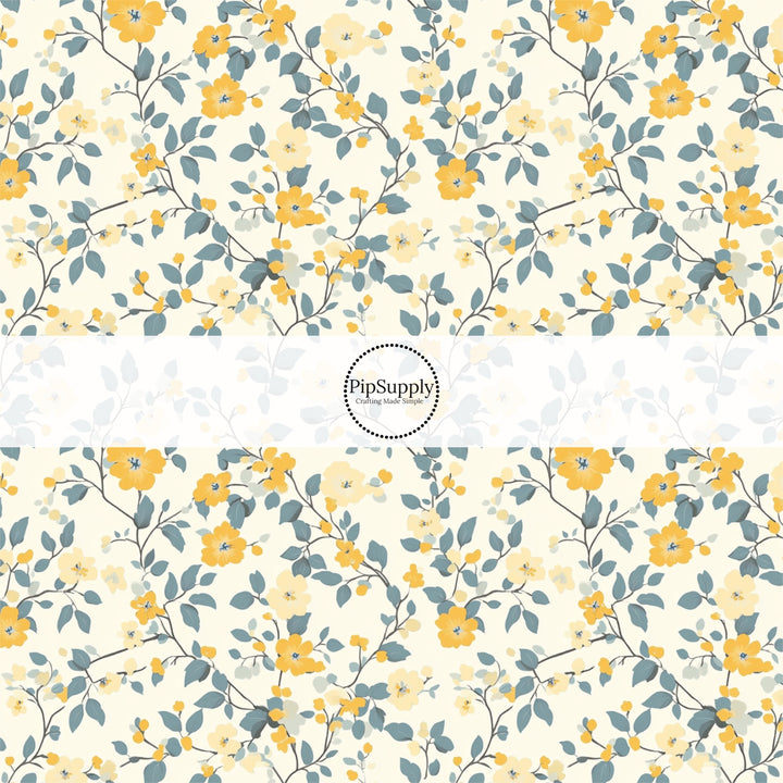 These floral fabric by the yard features tiny blue and yellow flowers and leaves. This fun pattern fabric can be used for all your sewing and crafting needs!