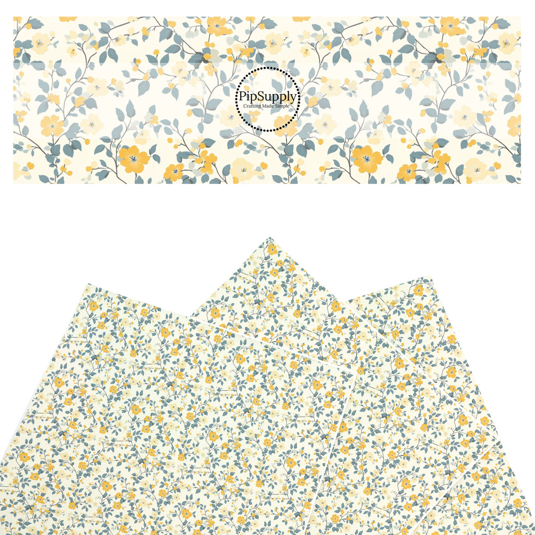 These floral themed faux leather sheets contain the following design elements: tiny blue and yellow flowers and leaves. Our CPSIA compliant faux leather sheets or rolls can be used for all types of crafting projects.