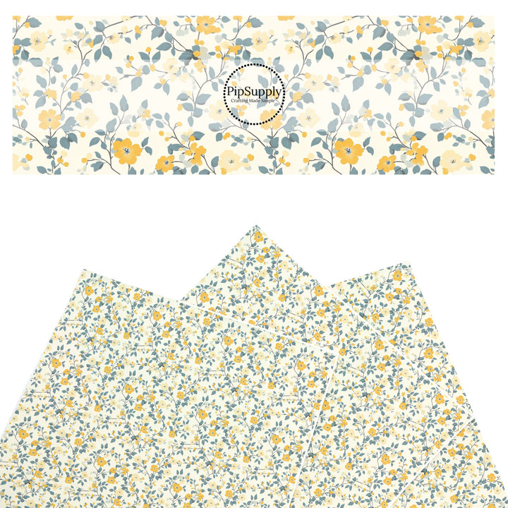 These floral themed faux leather sheets contain the following design elements: tiny blue and yellow flowers and leaves. Our CPSIA compliant faux leather sheets or rolls can be used for all types of crafting projects.