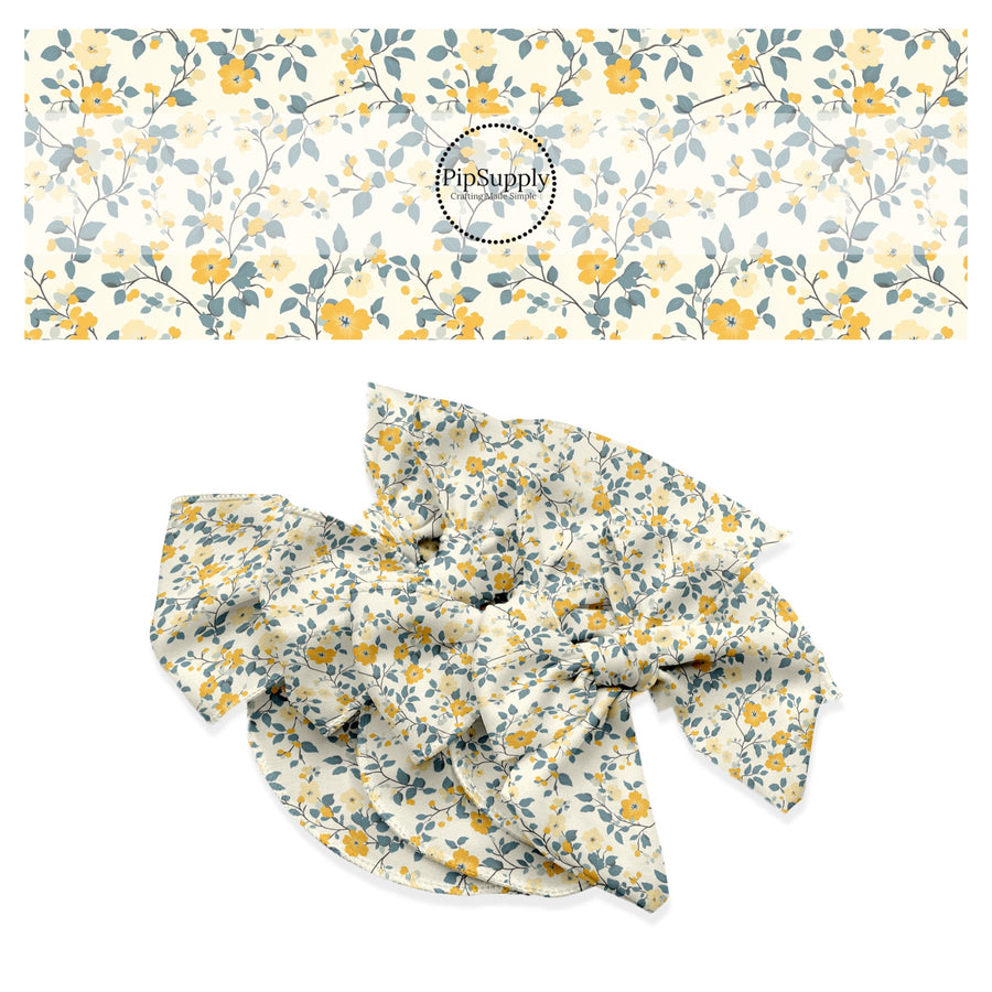 These floral themed no sew bow strips can be easily tied and attached to a clip for a finished hair bow. These festive bow strips are great for personal use or to sell. These bow strips feature the following design elements: tiny blue and yellow flowers and leaves.