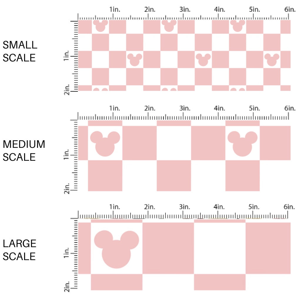This scale chart of small scale, medium scale, and large scale of this magical inspired fabric by the yard features the following design: dusty pink and cream checker pattern with mouse ears. This fun themed fabric can be used for all your sewing and crafting needs!