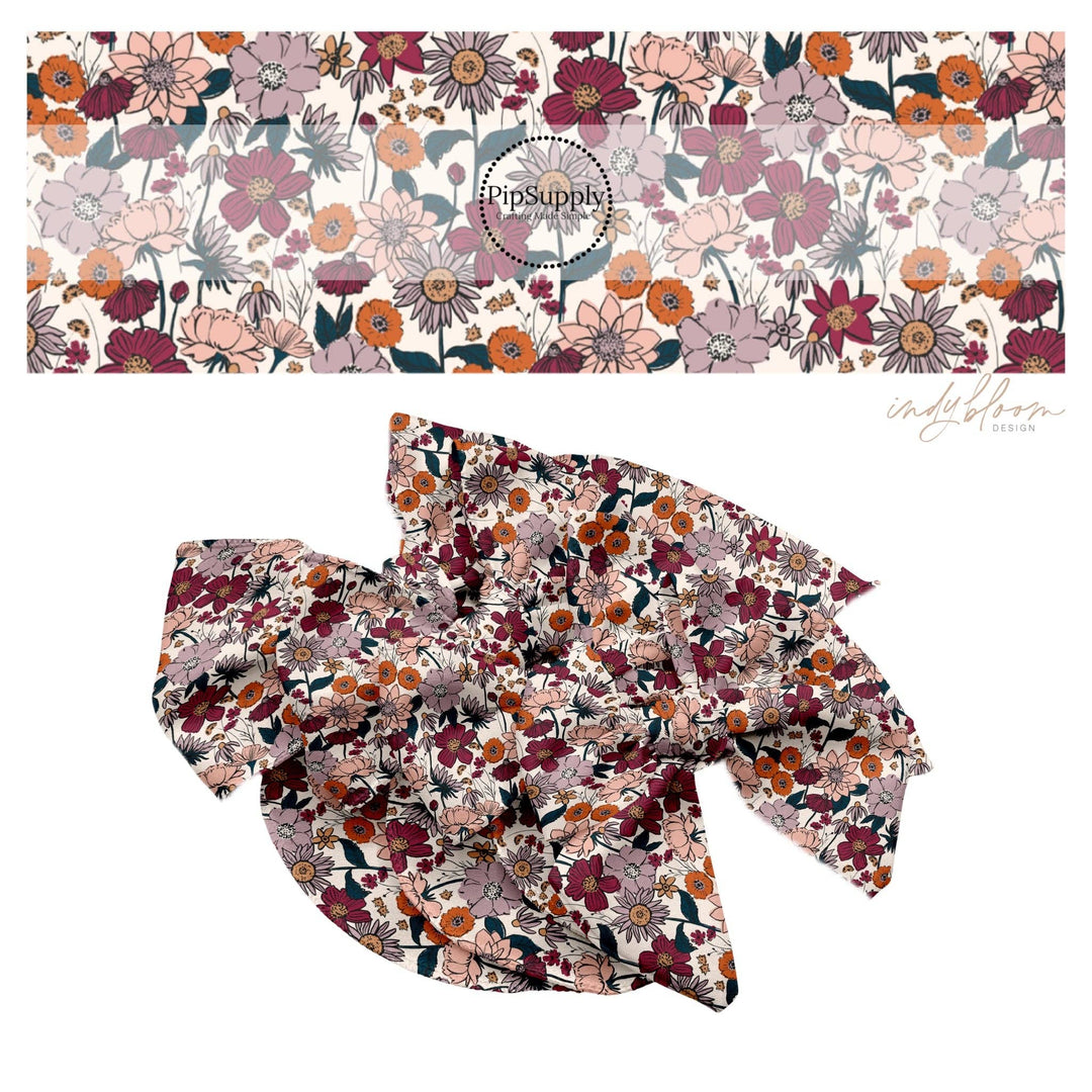 Autumnal Floral Fields on Cream Hair Bow Strips