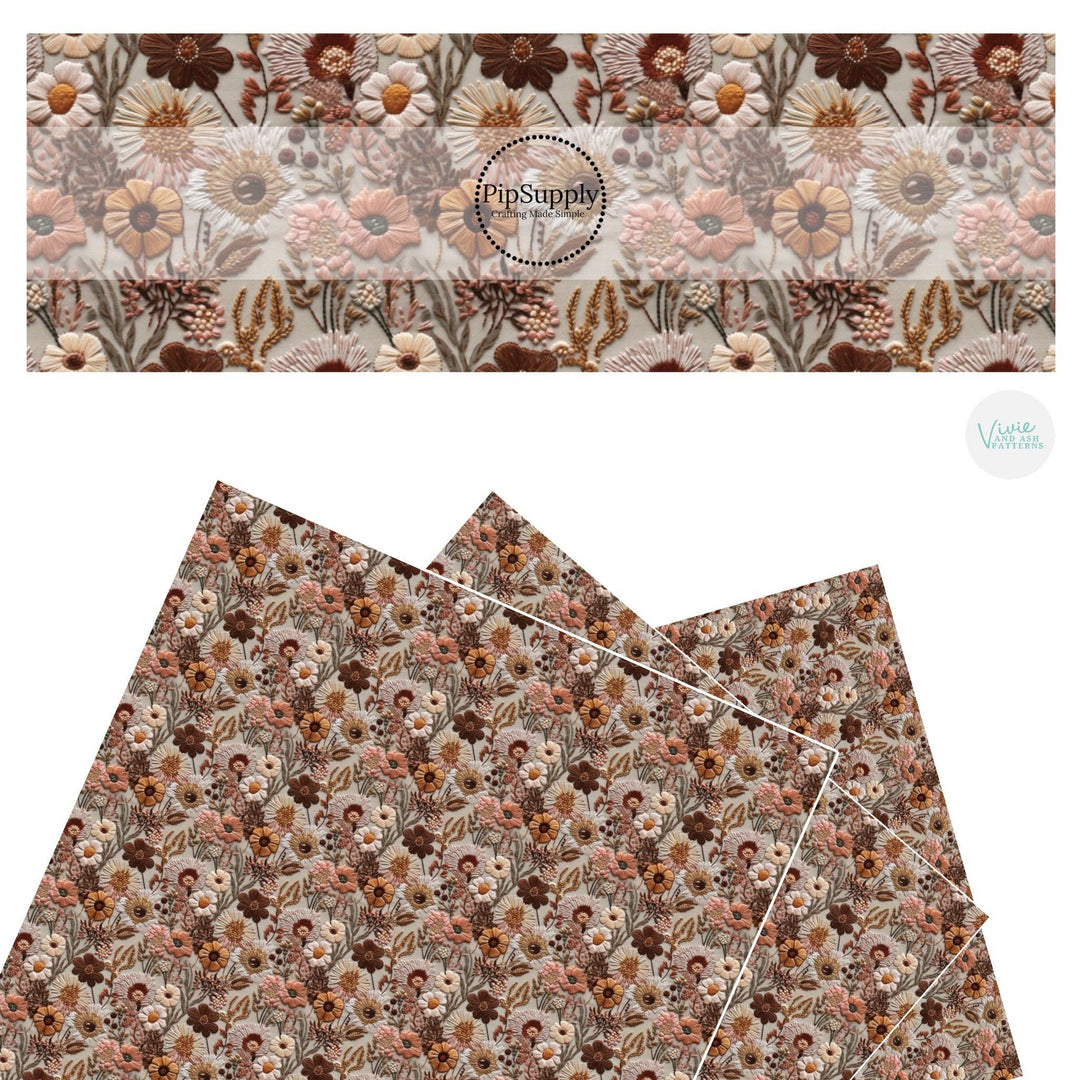 Autumnal Flowers Neutrals Embroidered Faux Leather Sheets