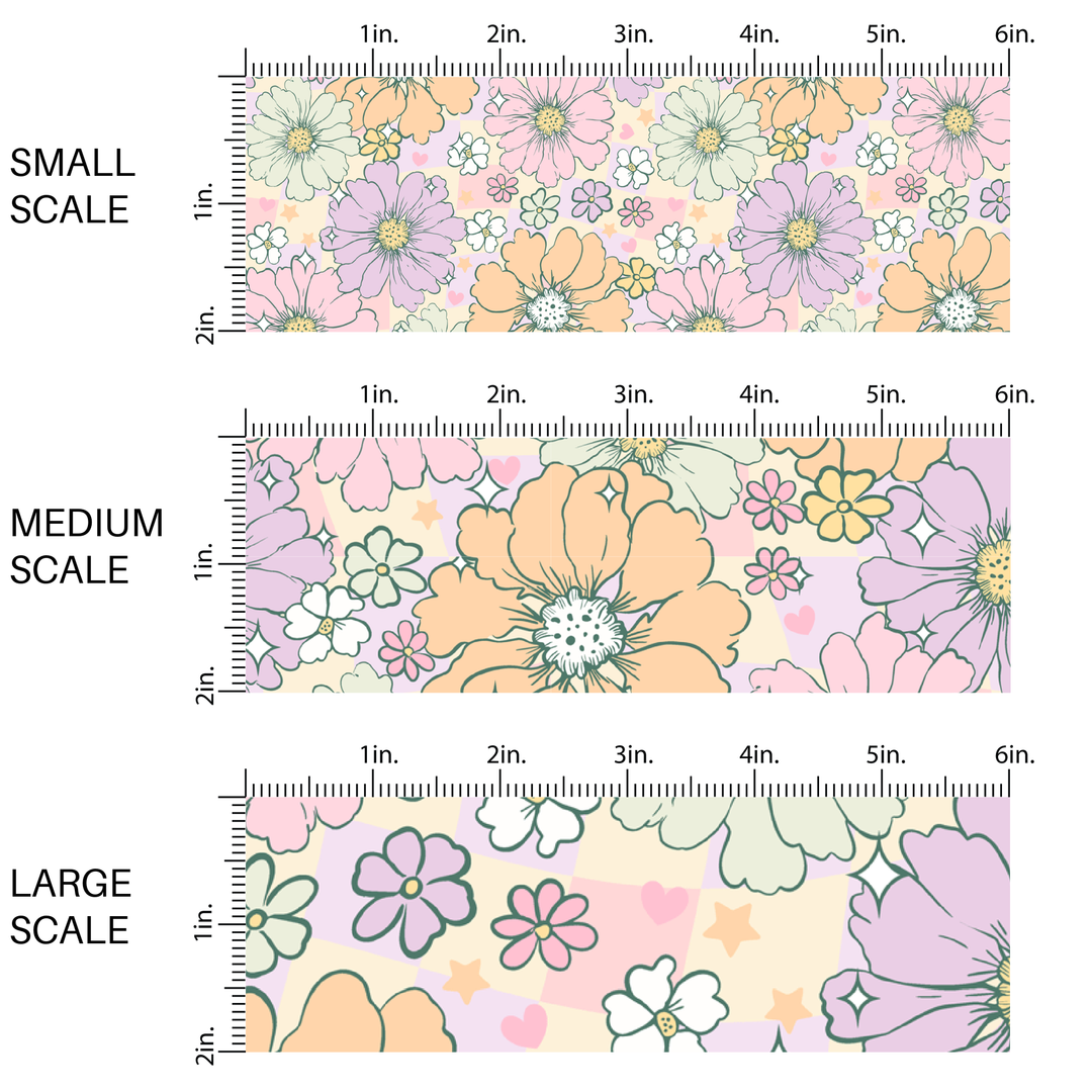 Pastel Flowers on Purple Checker Fabric By The Yard