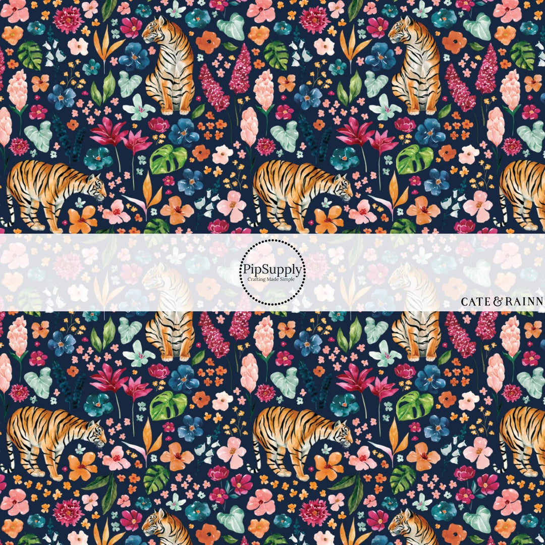 Tropical Jungle Tiger Floral Navy Hair Bow Strips
