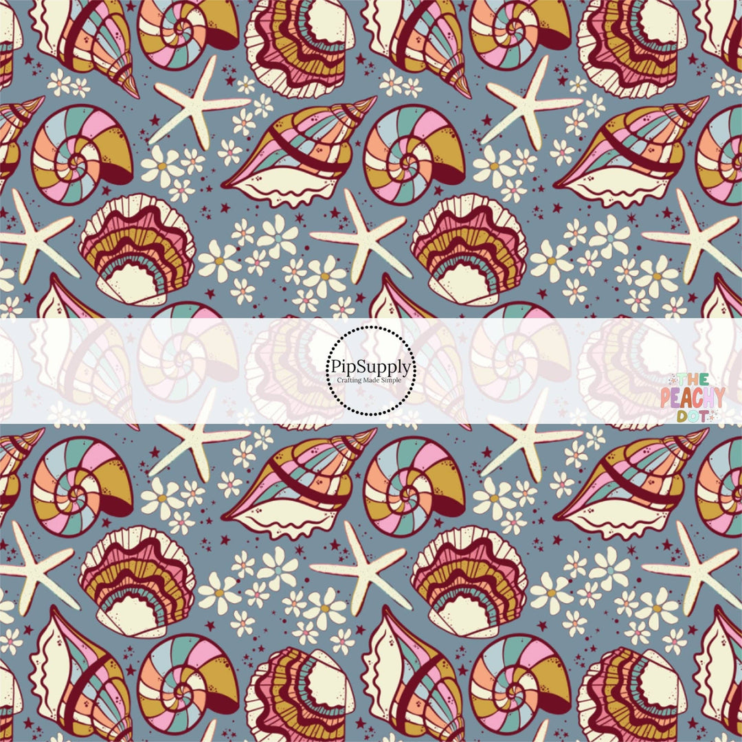 Groovy Seashells Blue Hair Bow Strips