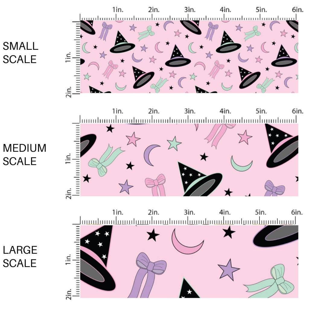 Witch Hats and Bows Pink Fabric By The Yard