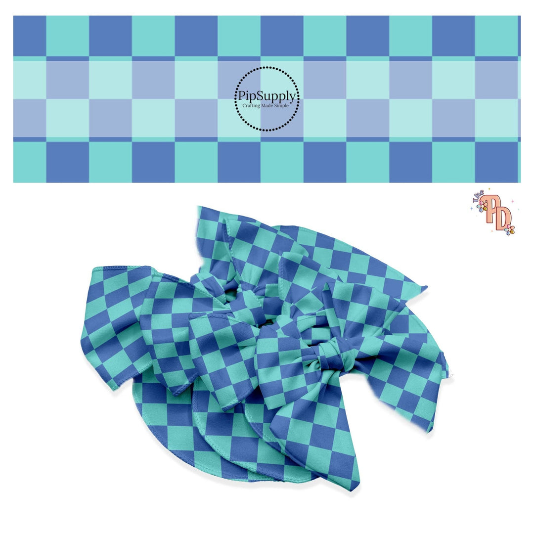 Blue and Cyan Checkered Hair Bow Strips
