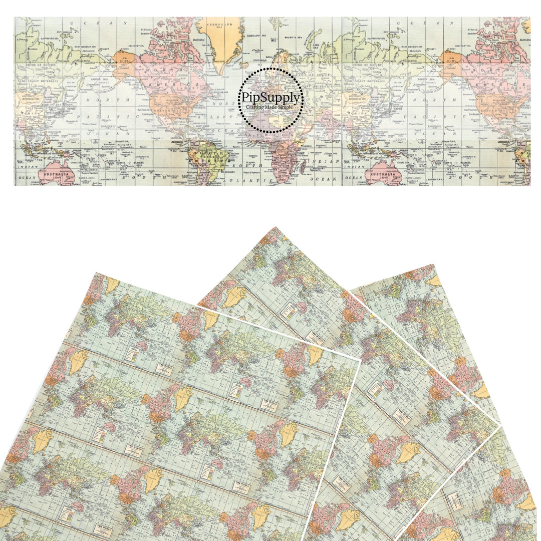 These travel themed faux leather sheets contain the following design elements: vintage map pattern. Our CPSIA compliant faux leather sheets or rolls can be used for all types of crafting projects.