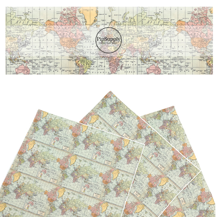 These travel themed faux leather sheets contain the following design elements: vintage map pattern. Our CPSIA compliant faux leather sheets or rolls can be used for all types of crafting projects.