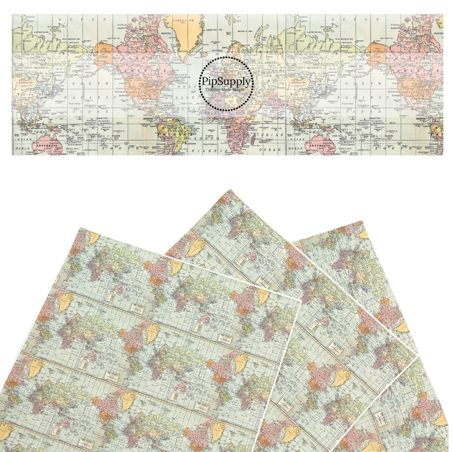 These travel themed faux leather sheets contain the following design elements: vintage map pattern. Our CPSIA compliant faux leather sheets or rolls can be used for all types of crafting projects.