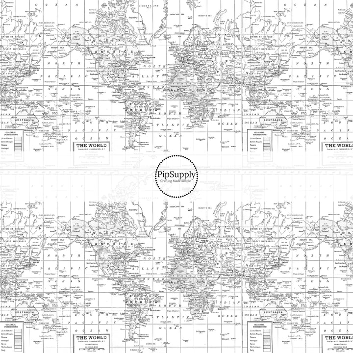 These travel themed fabric by the yard features grayscale vintage map pattern. This fun pattern fabric can be used for all your sewing and crafting needs!
