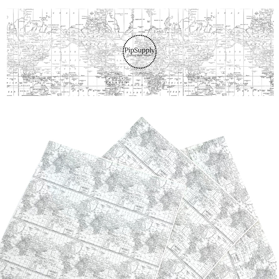 These travel themed faux leather sheets contain the following design elements: grayscale vintage map pattern. Our CPSIA compliant faux leather sheets or rolls can be used for all types of crafting projects.