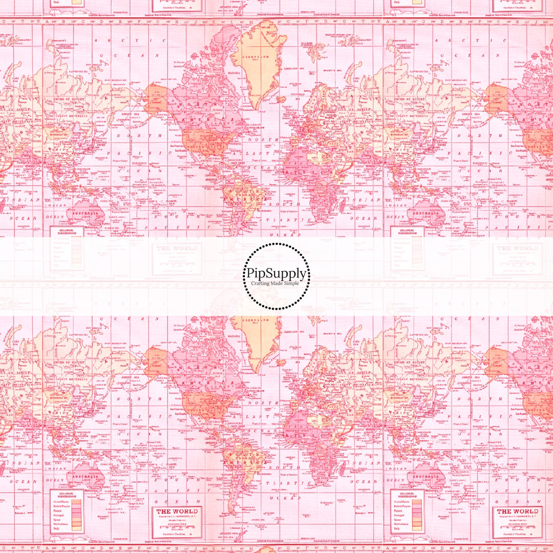 These travel themed fabric by the yard features pink vintage map pattern. This fun pattern fabric can be used for all your sewing and crafting needs!