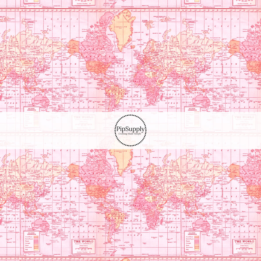 These travel themed fabric by the yard features pink vintage map pattern. This fun pattern fabric can be used for all your sewing and crafting needs!