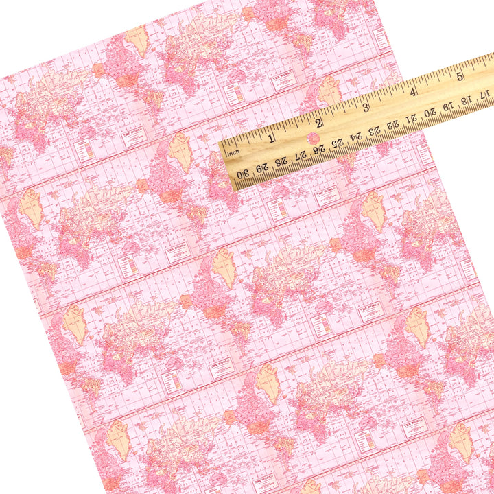 These travel themed faux leather sheets contain the following design elements: pink vintage map pattern. Our CPSIA compliant faux leather sheets or rolls can be used for all types of crafting projects.