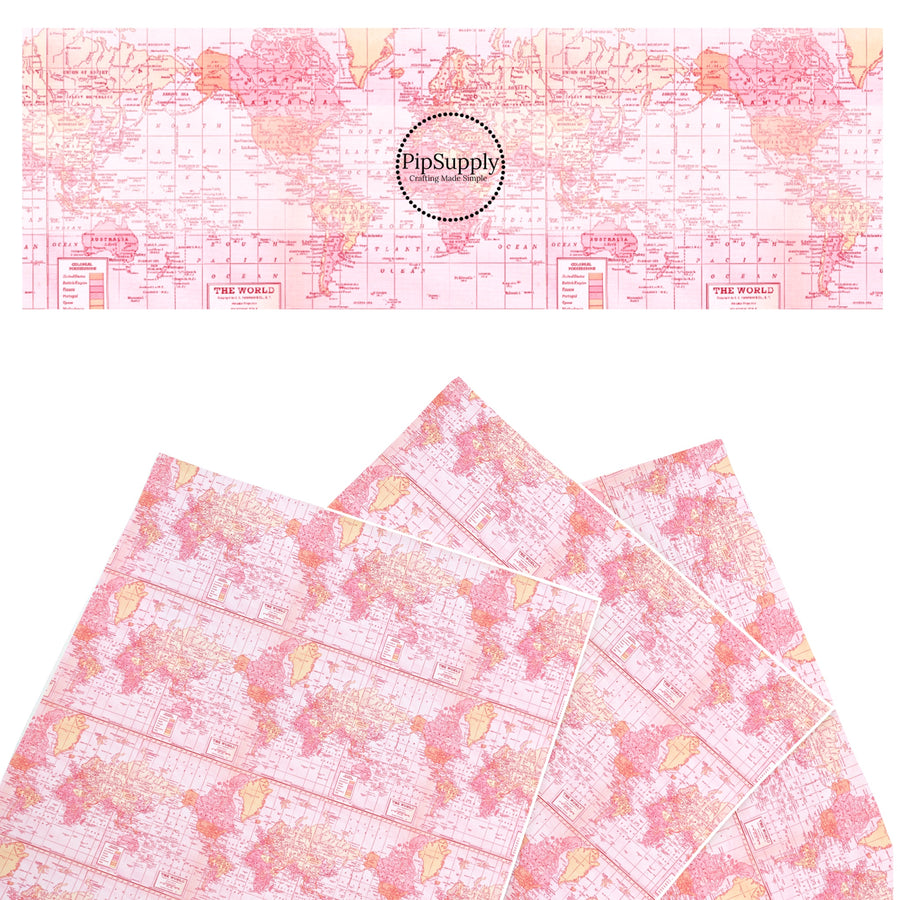 These travel themed faux leather sheets contain the following design elements: pink vintage map pattern. Our CPSIA compliant faux leather sheets or rolls can be used for all types of crafting projects.