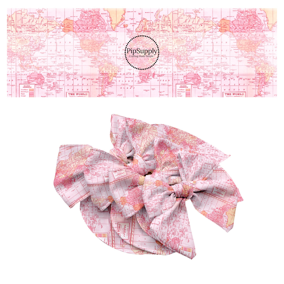 These travel themed no sew bow strips can be easily tied and attached to a clip for a finished hair bow. These bow strips are great for personal use or to sell. These bow strips feature the following design elements: pink vintage map pattern.