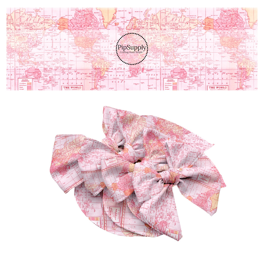 These travel themed no sew bow strips can be easily tied and attached to a clip for a finished hair bow. These bow strips are great for personal use or to sell. These bow strips feature the following design elements: pink vintage map pattern.