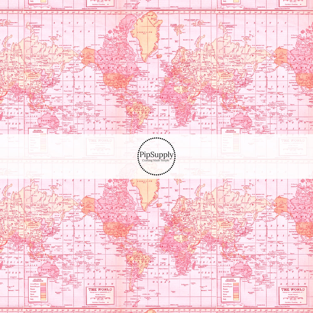 These travel themed no sew bow strips can be easily tied and attached to a clip for a finished hair bow. These bow strips are great for personal use or to sell. These bow strips feature the following design elements: pink vintage map pattern.