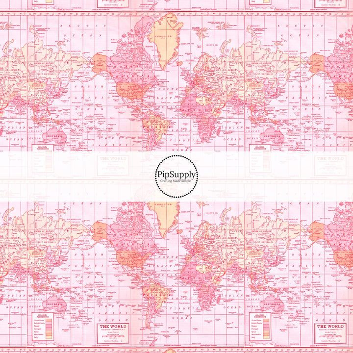 These travel themed no sew bow strips can be easily tied and attached to a clip for a finished hair bow. These bow strips are great for personal use or to sell. These bow strips feature the following design elements: pink vintage map pattern.