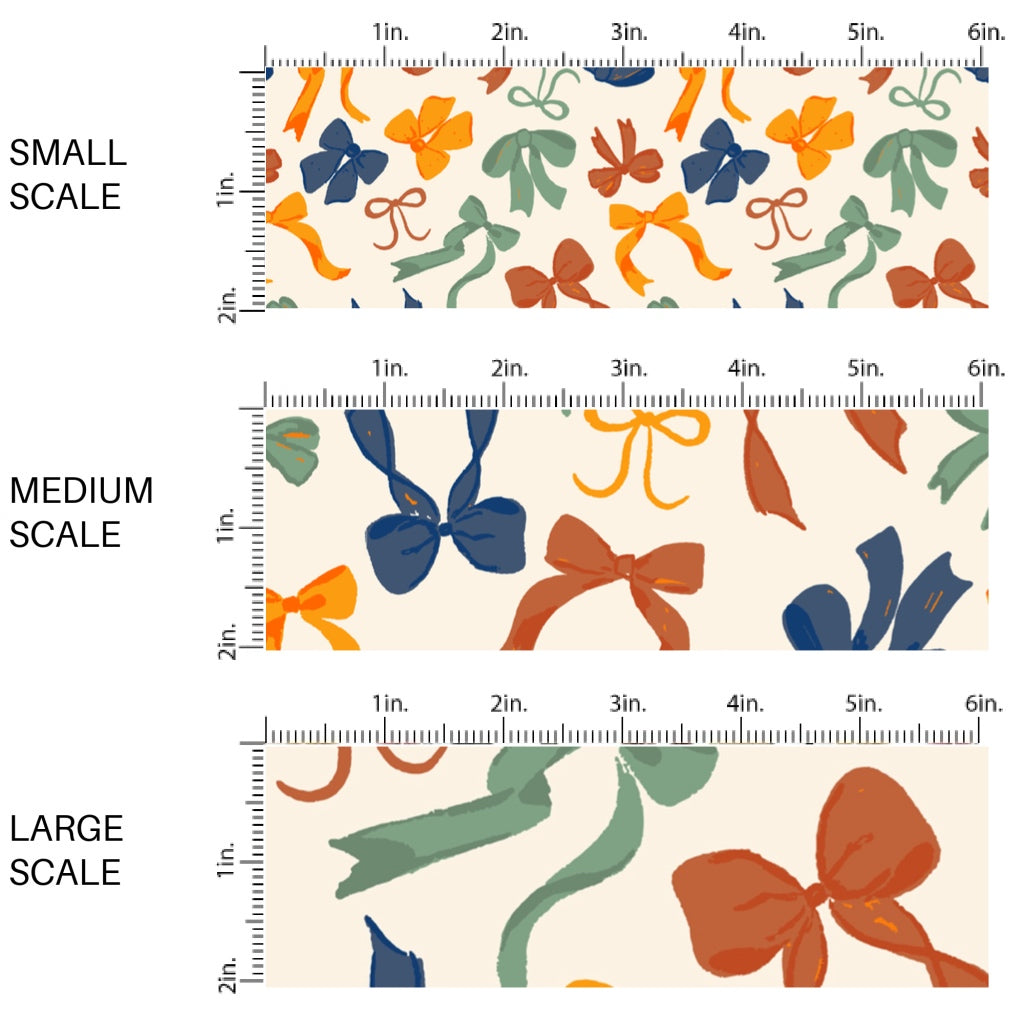 This scale chart of small scale, medium scale, and large scale of these school themed fabric by the yard features colorful coquette bows on cream. This fun themed fabric can be used for all your sewing and crafting needs!