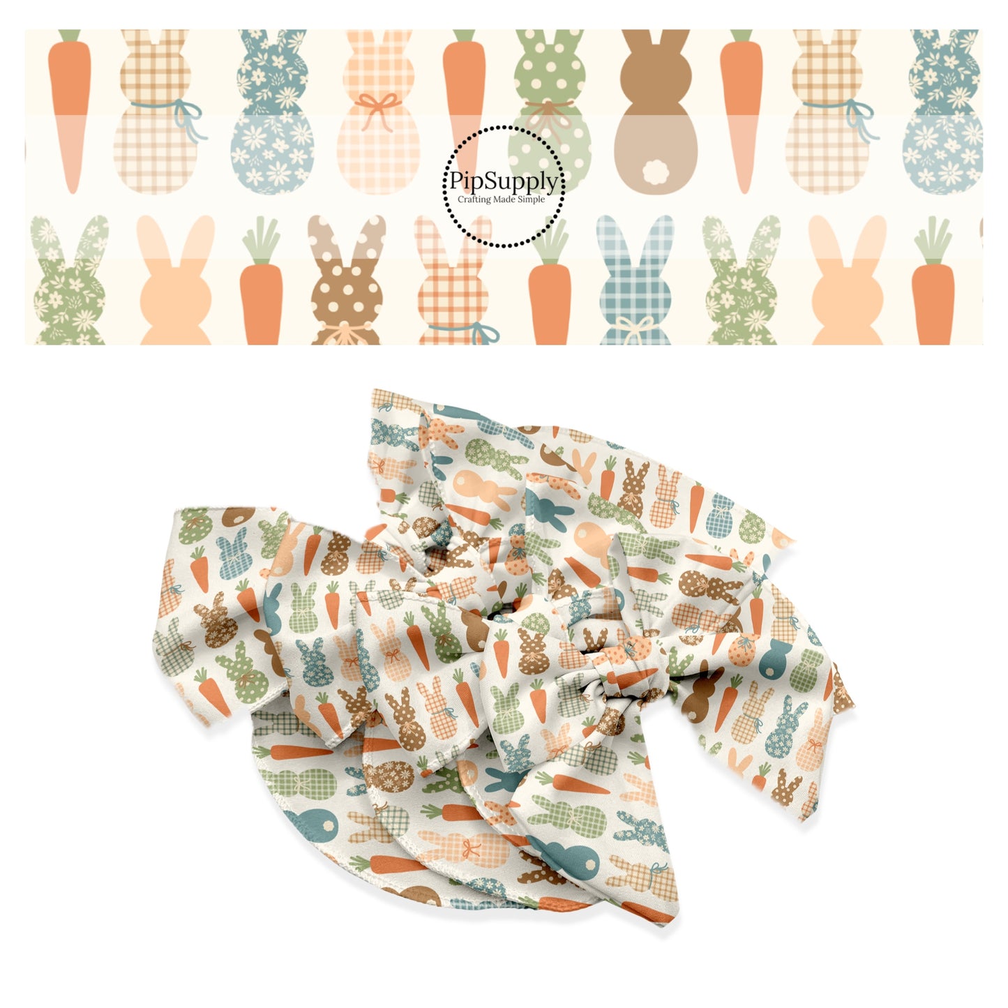 These spring pattern themed no sew bow strips can be easily tied and attached to a clip for a finished hair bow. These patterned bow strips are great for personal use or to sell. These bow strips features earth toned multi-colored bunnies and carrots on cream. 