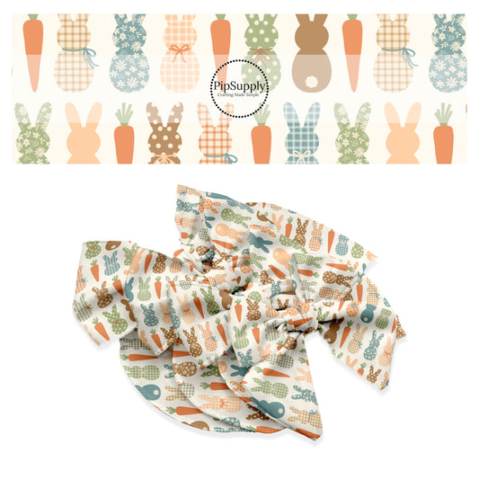 These spring pattern themed no sew bow strips can be easily tied and attached to a clip for a finished hair bow. These patterned bow strips are great for personal use or to sell. These bow strips features earth toned multi-colored bunnies and carrots on cream. 