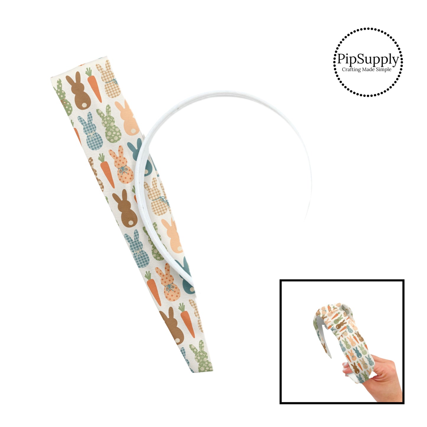 These spring patterned headband kits are easy to assemble and come with everything you need to make your own knotted headband. These kits include a custom printed and sewn fabric strip and a coordinating velvet headband. This cute pattern features earth toned multi-colored bunnies and carrots on cream. 