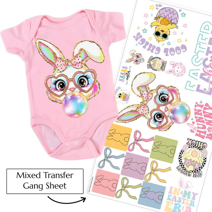 This Easter mixed themed iron on transfer is a great way to add full color designs to your garments without the hassle of weeding vinyl. There is a total of 12 Easter themed transfers! They are ready to press transfers and easy to use!