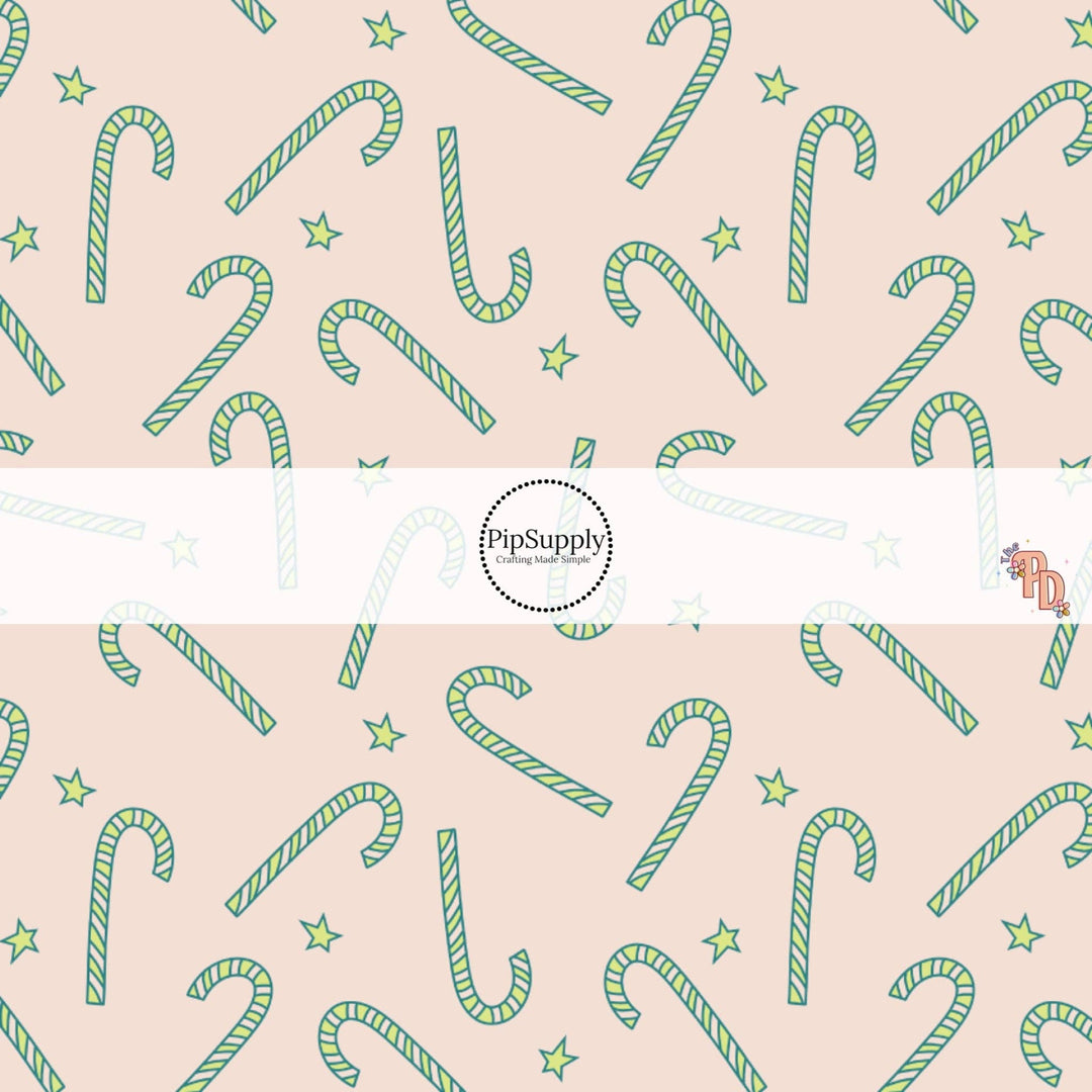 Minty Candy Canes and Stars Hair Bow Strips