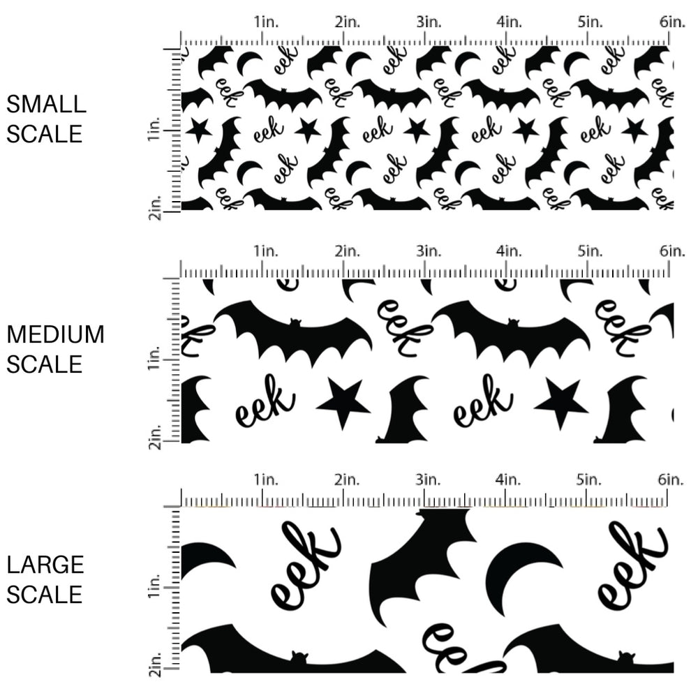 This scale chart of these Halloween themed pattern fabric by the yard features the following design elements: "eek" saying and black bats. This fun spooky themed fabric can be used for all your sewing and crafting needs!