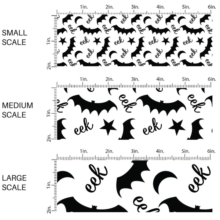 This scale chart of these Halloween themed pattern fabric by the yard features the following design elements: "eek" saying and black bats. This fun spooky themed fabric can be used for all your sewing and crafting needs!