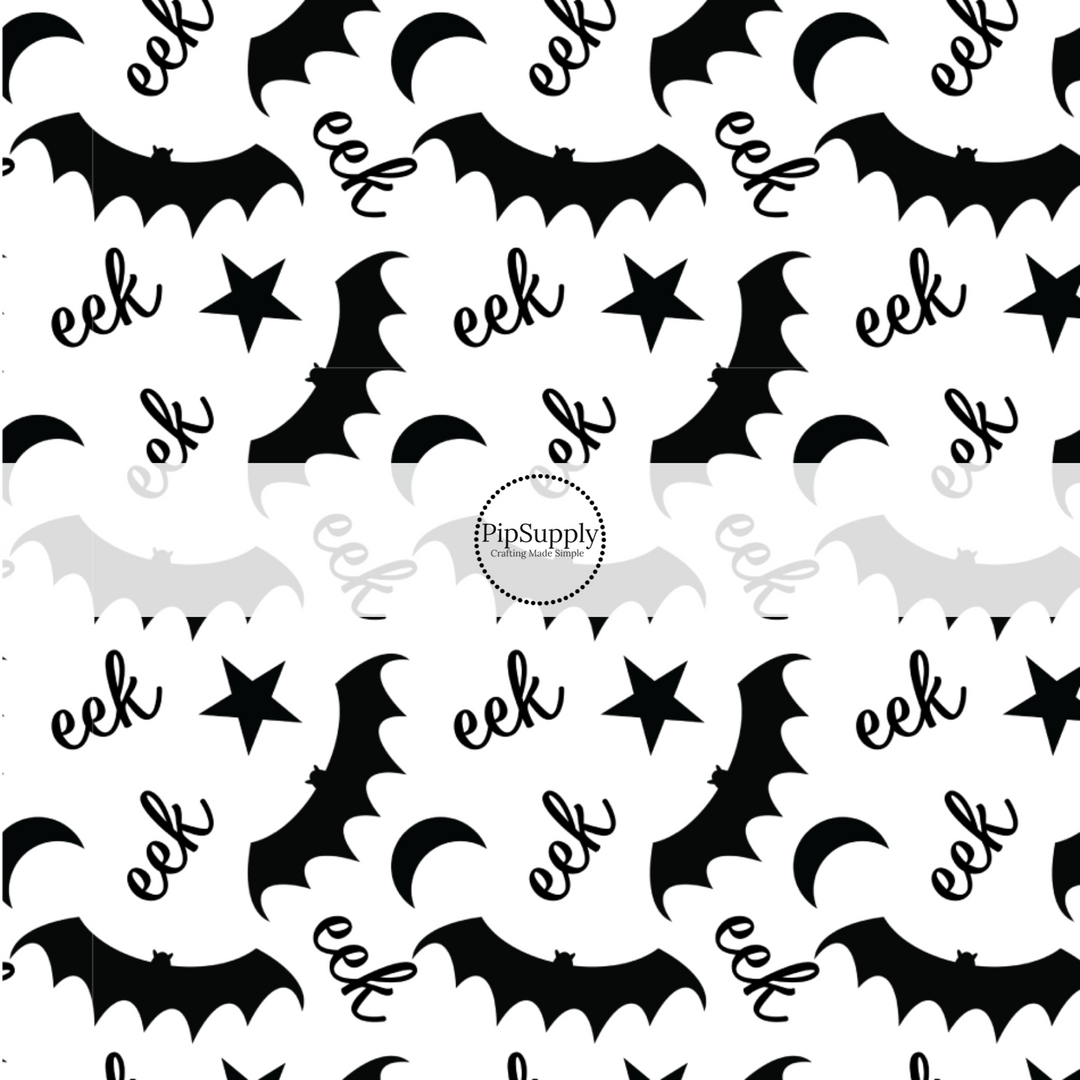 These Halloween themed pattern fabric by the yard features the following design elements: "eek" saying and black bats. This fun spooky themed fabric can be used for all your sewing and crafting needs!