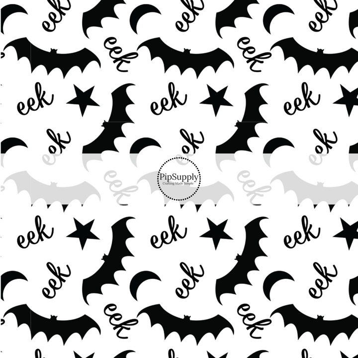 These Halloween themed pattern fabric by the yard features the following design elements: "eek" saying and black bats. This fun spooky themed fabric can be used for all your sewing and crafting needs!