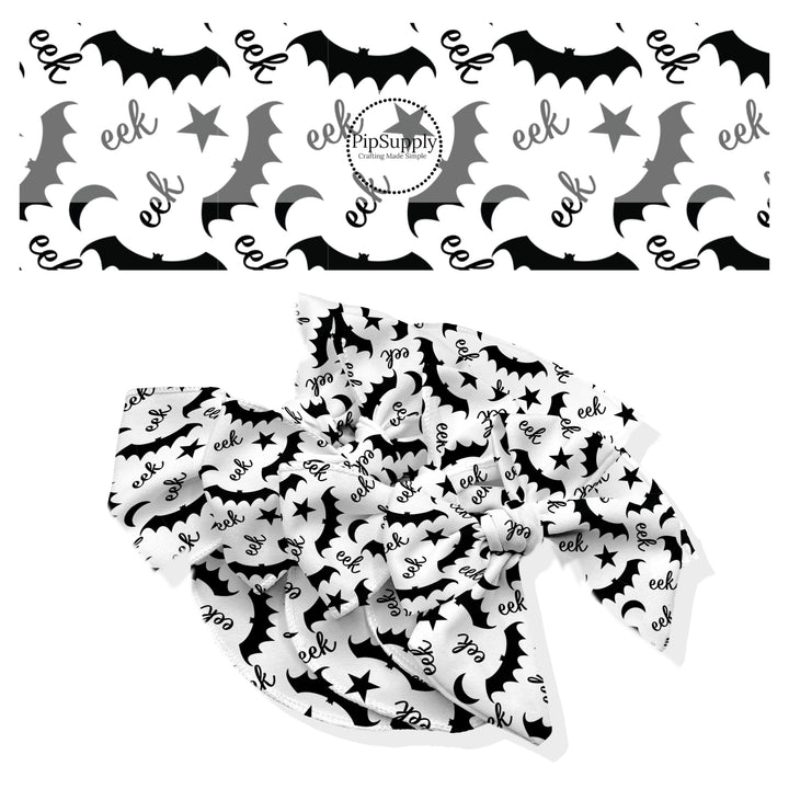 These Halloween themed no sew bow strips can be easily tied and attached to a clip for a finished hair bow. These fun spooky patterned bow strips are great for personal use or to sell. These bow strips feature the following design elements: "eek" saying and black bats.