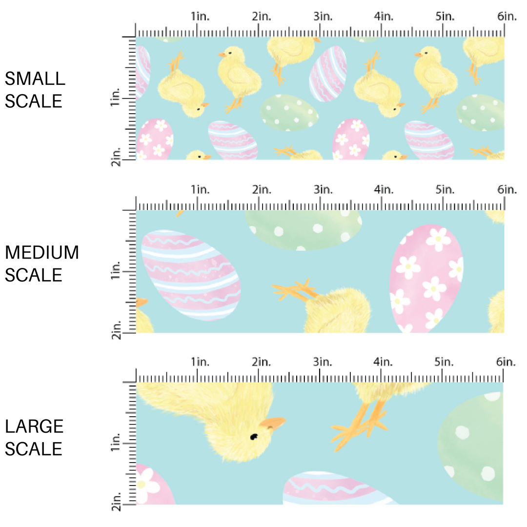 Yellow Chicks and Designed Easter Eggs on Cyan Blue Fabric by the Yard scaled image guide.