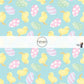 Yellow Chicks and Designed Easter Eggs on Cyan Blue Fabric by the Yard.