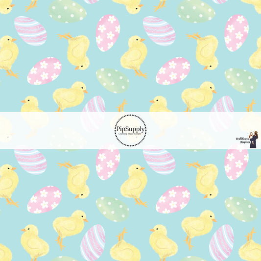 Yellow Chicks and Designed Easter Eggs on Cyan Blue Fabric by the Yard.