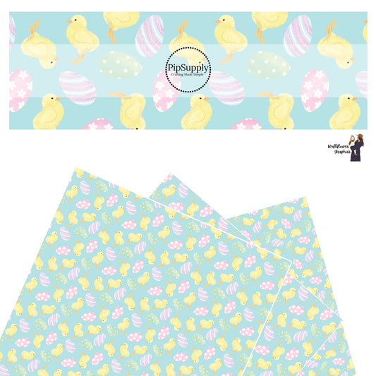 These spring pattern themed faux leather sheets contain the following design elements: baby chicks surrounded by pastel colored Easter eggs with stripes and flowers on light blue. Our CPSIA compliant faux leather sheets or rolls can be used for all types of crafting projects.