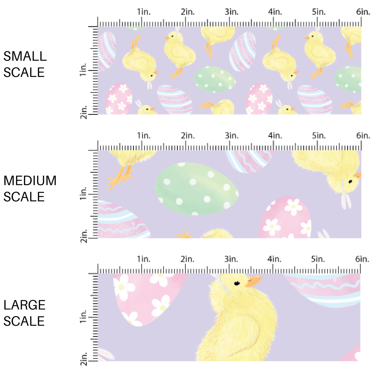 Yellow Chicks and Designed Easter Eggs on Lavender Purple Fabric by the Yard scaled image guide.