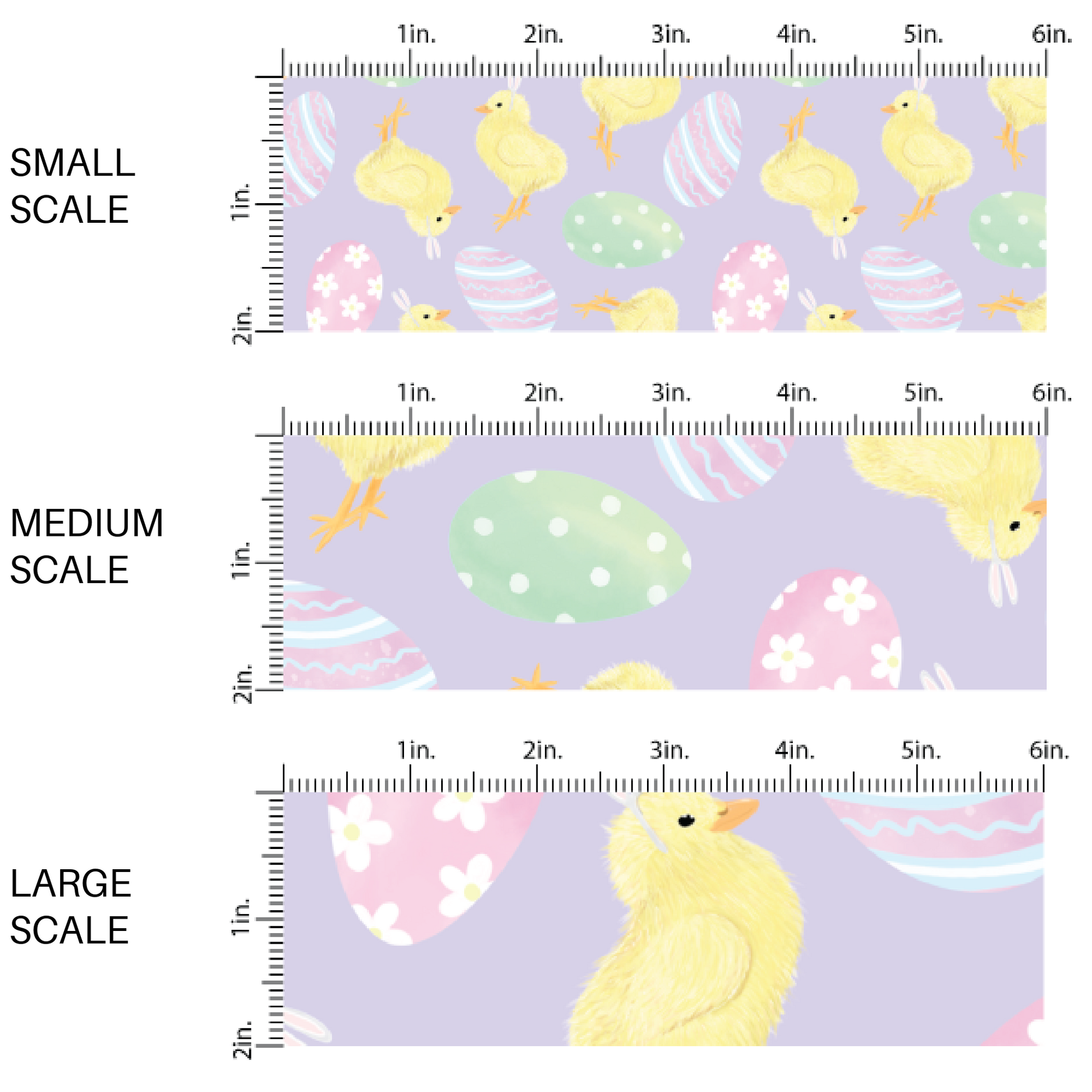 Yellow Chicks and Designed Easter Eggs on Lavender Purple Fabric by the Yard scaled image guide.