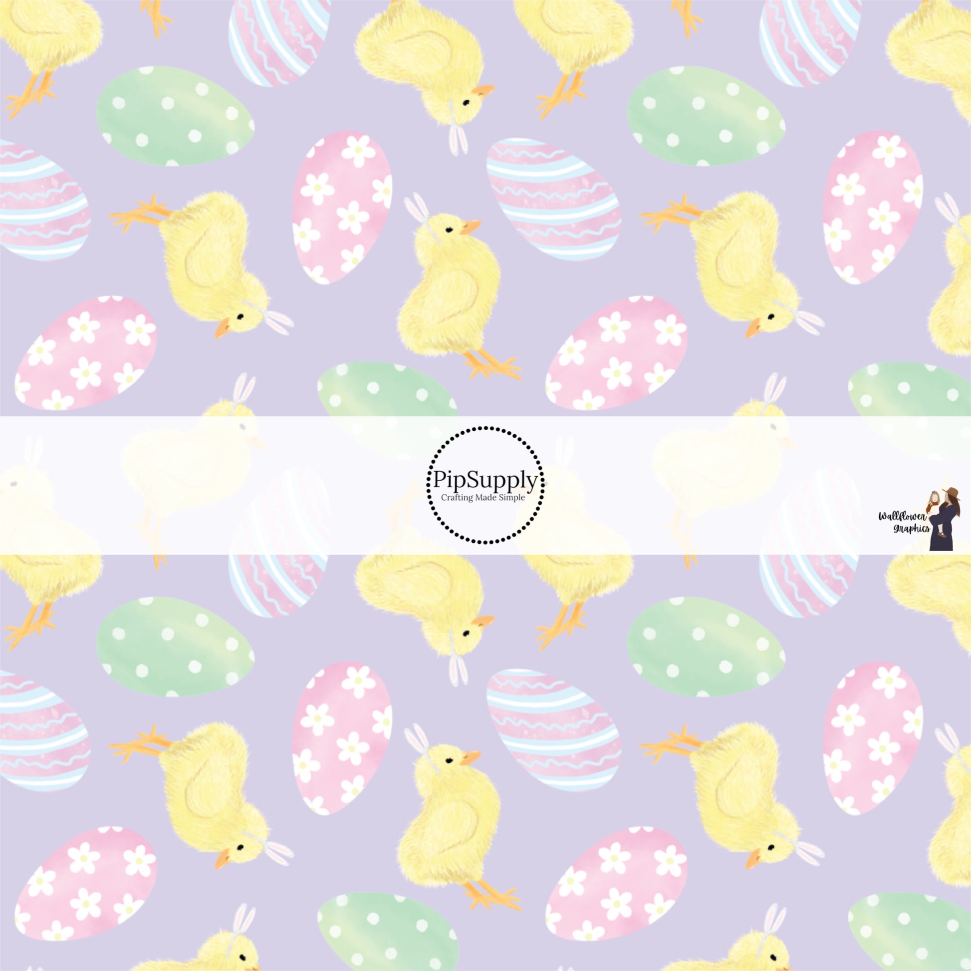 Yellow Chicks and Designed Easter Eggs on Lavender Purple Fabric by the Yard.