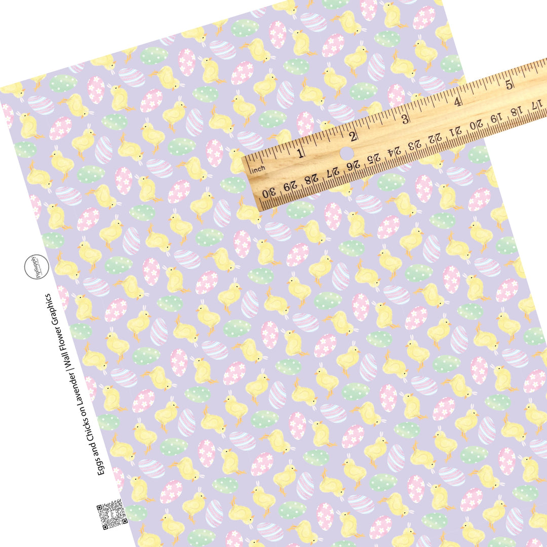 These spring pattern themed faux leather sheets contain the following design elements: baby chicks surrounded by pastel colored Easter eggs with stripes and flowers on light purple. Our CPSIA compliant faux leather sheets or rolls can be used for all types of crafting projects.