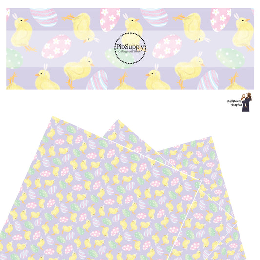 These spring pattern themed faux leather sheets contain the following design elements: baby chicks surrounded by pastel colored Easter eggs with stripes and flowers on light purple. Our CPSIA compliant faux leather sheets or rolls can be used for all types of crafting projects.