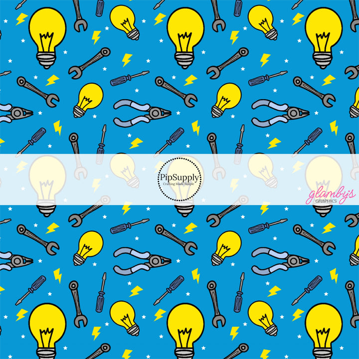 These electrician themed fabric by the yard features tools and light bulbs. These pattern fabric can be used for all your sewing and crafting needs!