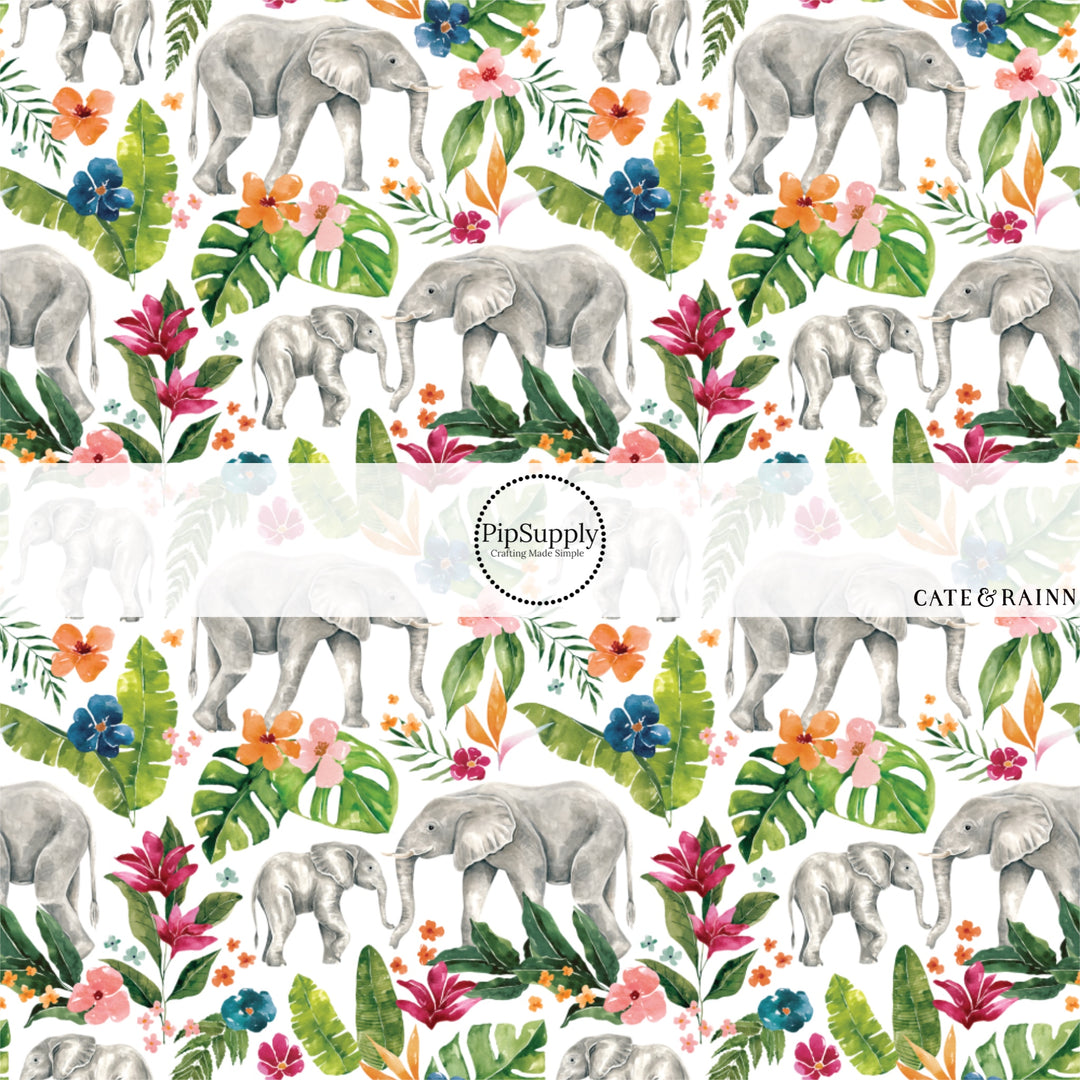 These jungle pattern fabric by the yard features tropical jungle elephant foliage. This fun fabric can be used for all your sewing and crafting needs!