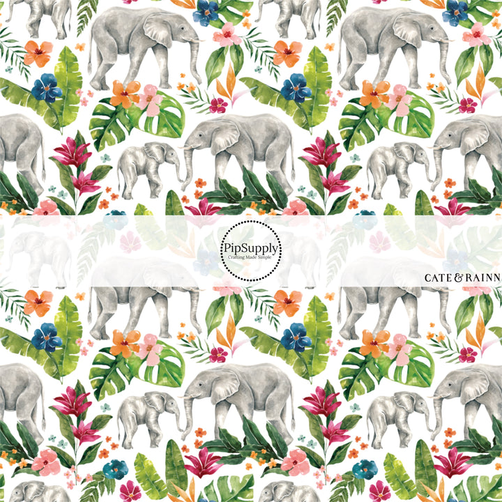 These jungle pattern fabric by the yard features tropical jungle elephant foliage. This fun fabric can be used for all your sewing and crafting needs!