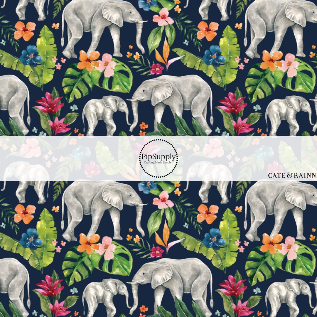 These jungle pattern fabric by the yard features tropical jungle elephant foliage. This fun fabric can be used for all your sewing and crafting needs!